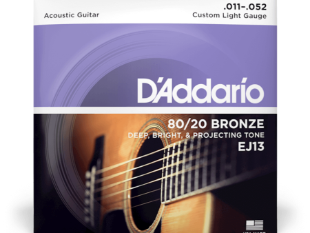 D Addario EJ13 80 20 Bronze Acoustic Guitar Strings Custom Light 11-52 For Sale